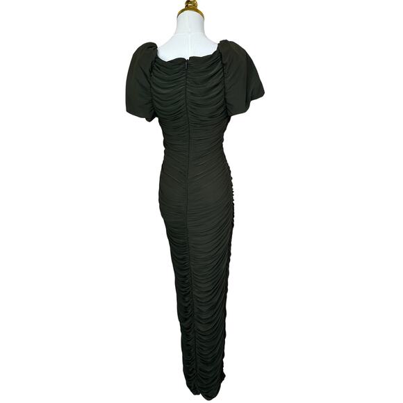 Ronny Kobo Olive Mesh Ruched Midi Dress MEDIUM Slinky Bodycon Cocktail Designer - Picture 8 of 12